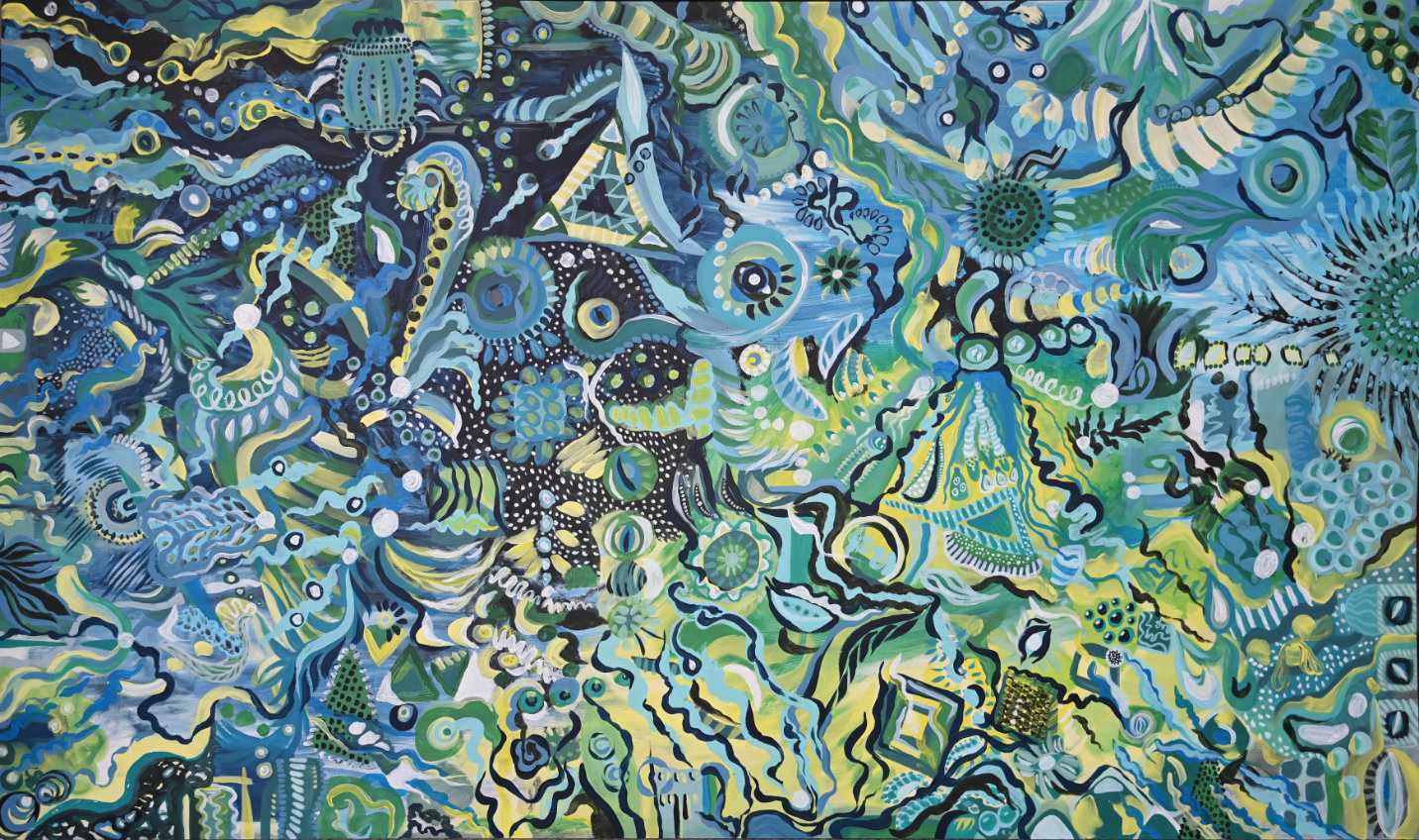 Cyan Lemon - Abstrakte Acrylmalerei in Blau- und Gelbfarbtönen auf Furnierplatte, 166x97cm