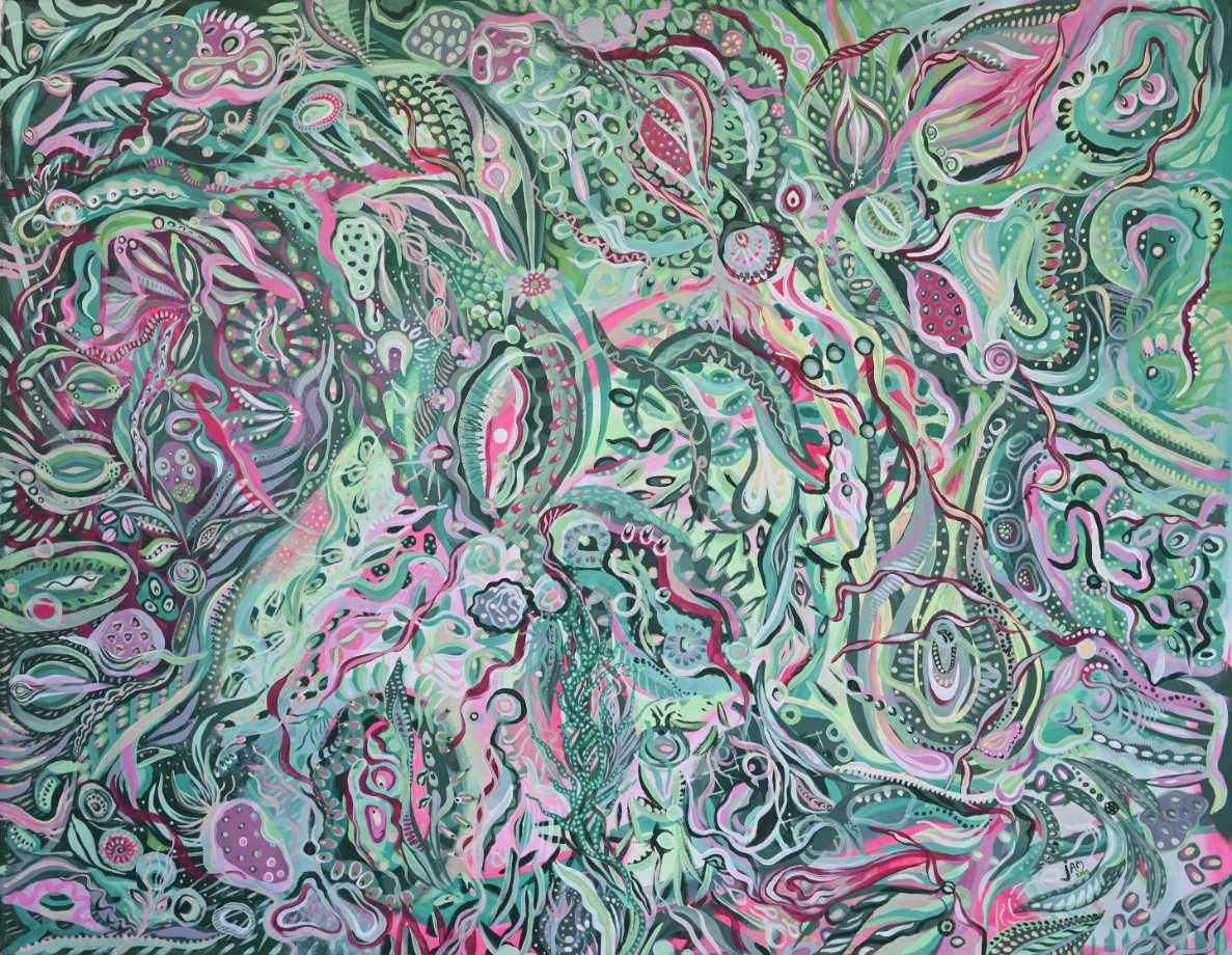 Emerald Tulip - Abstrakte Acrylmalerei in Grüntönen mit tulpenähnlichen Formen auf Leinwand, 140x100cm