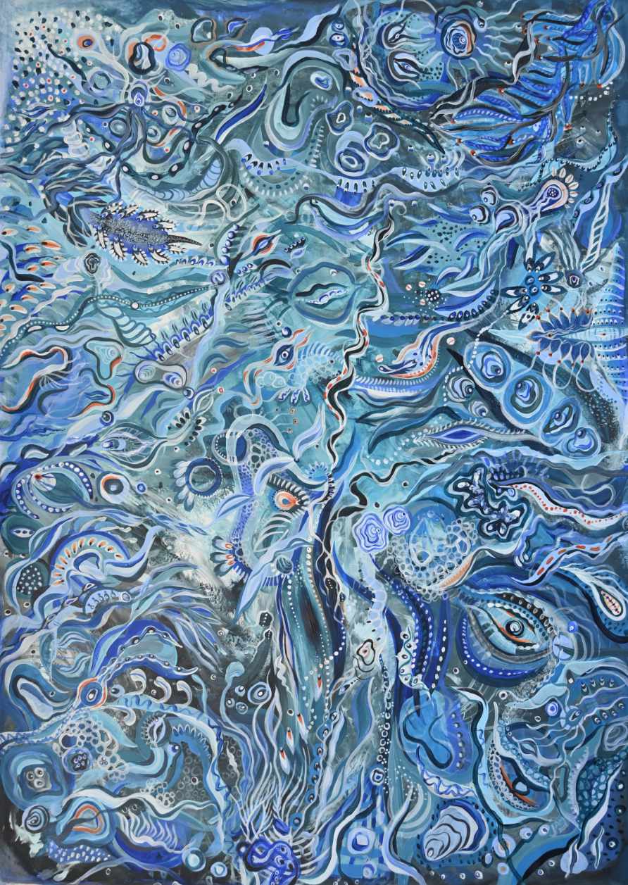 Cerulean Navy - Abstrakte Acrylmalerei in verschiedenen Blautönen auf Leinwand, 95x135cm