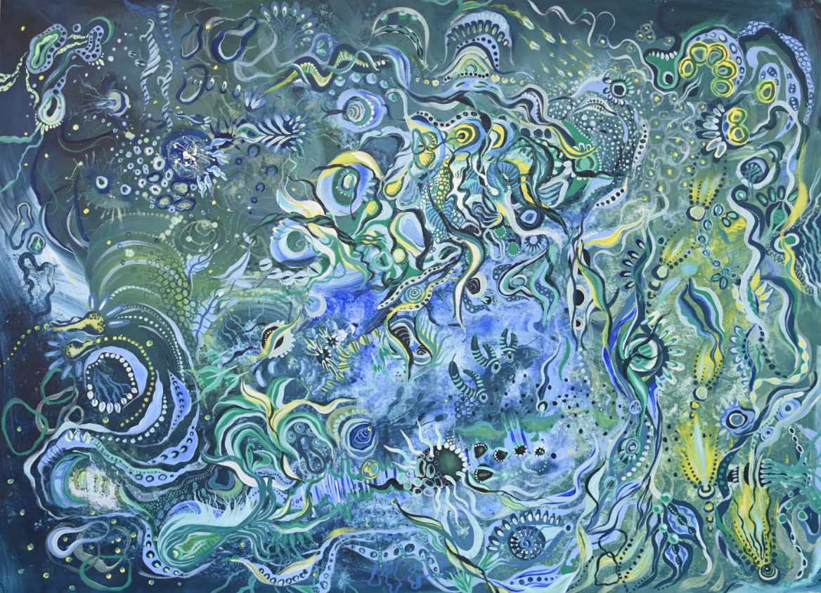 Aegan Moss - Abstrakte Acrylmalerei in Türkis- und Grüntönen inspiriert vom Mittelmeer auf Leinwand, 140x100cm
