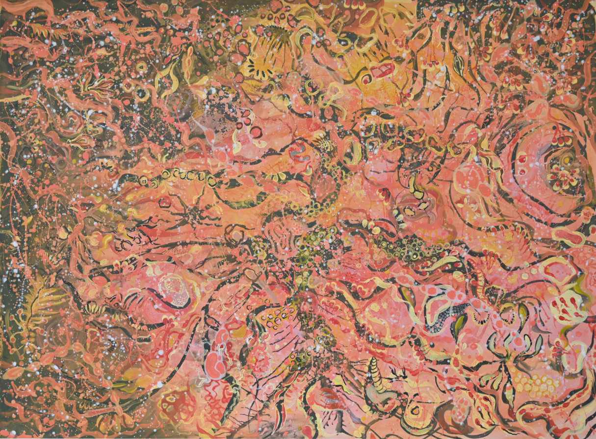 Grapefruit Honey - Abstrakte Acrylmalerei in warmen Rot-, Orange- und Goldtönen auf Leinwand, 130x95cm