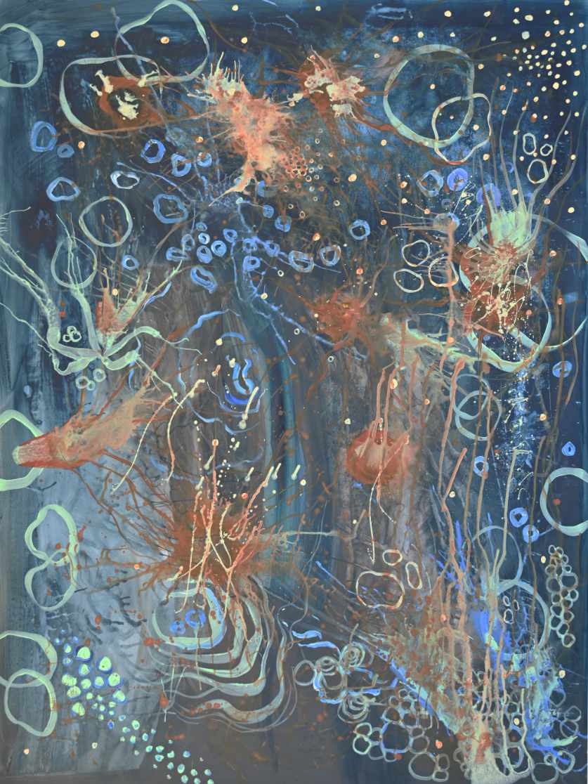 Midnight Rust - Abstrakte Acrylmalerei in dunklen Blau- und Rosttönen auf Leinwand, 100x135cm