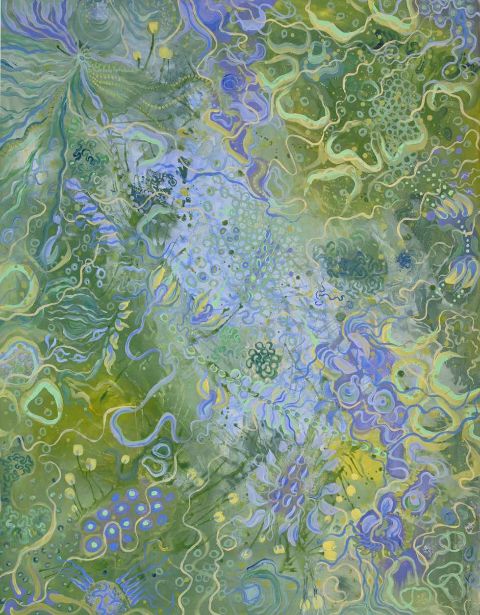 Lavender Kelly - Abstrakte Acrylmalerei in Lavendel- und Grüntönen auf Leinwand, 100x130cm